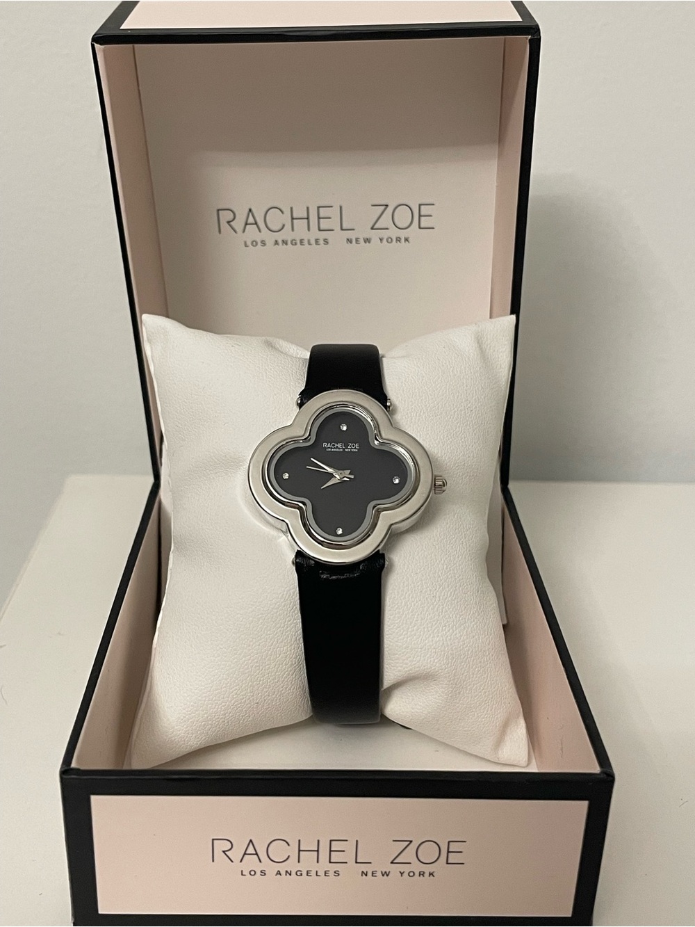 RACHEL ZOE Black Clover-Shape Quartz Watch with Leather Strap